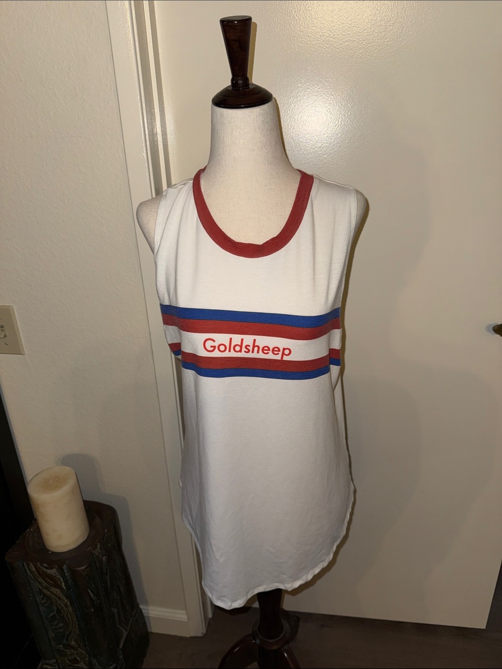 Goldsheep White Tank with Red Trim and Blue-Red Stripes